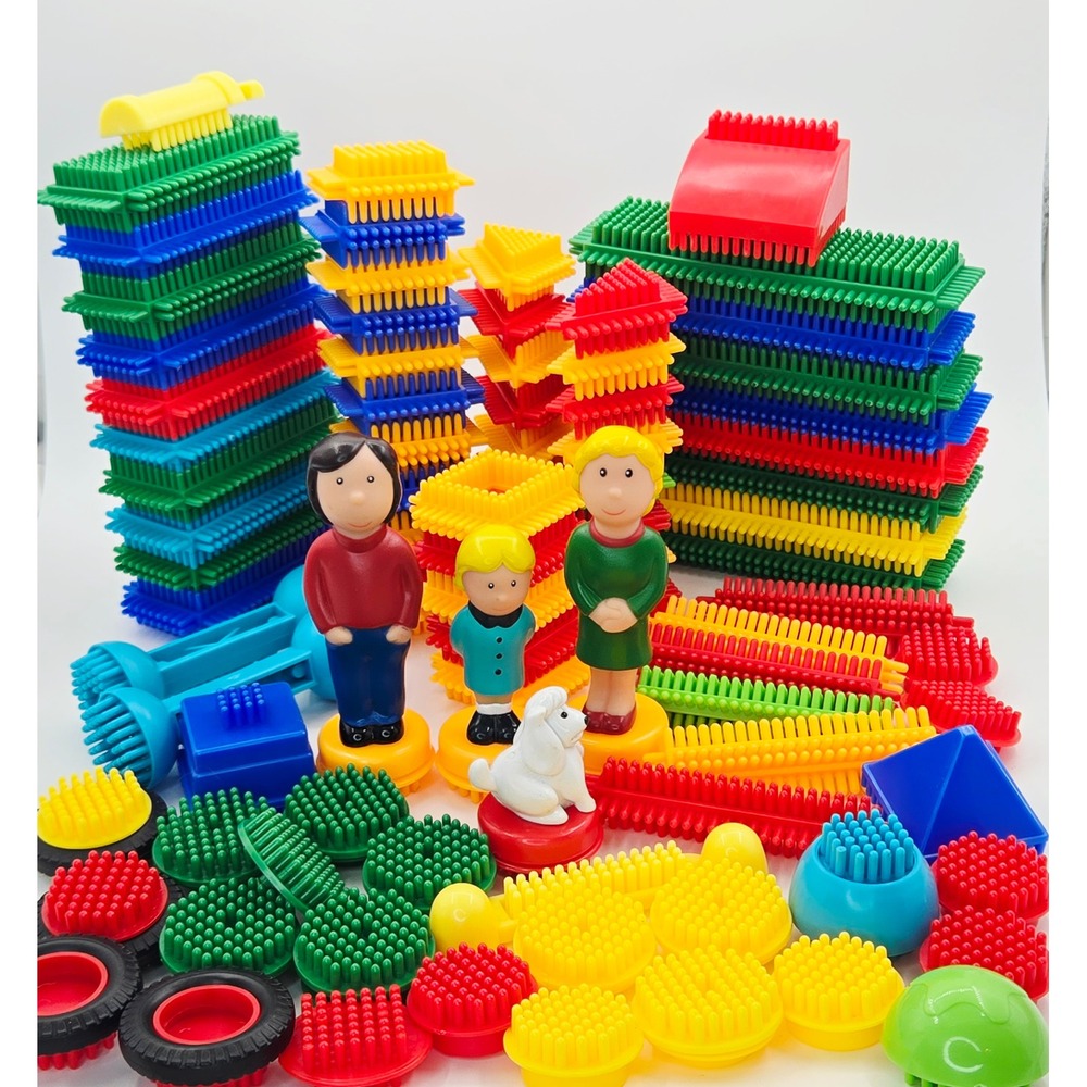 Vintage Bristle Blocks Building Set Family Dog Figures Colorful 90+ Pieces